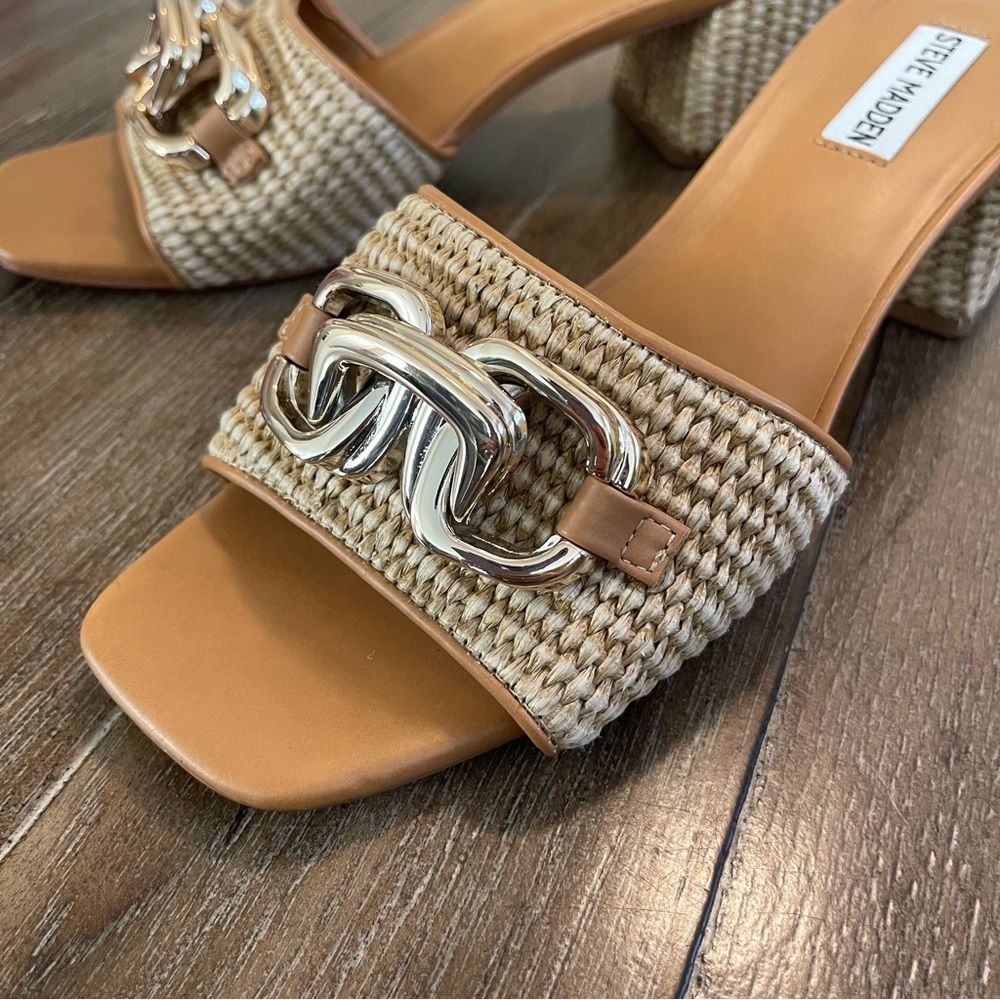 Steve Madden Tan & Natural Woven Block Heel Sandals with Gold Chain - Picture 3 of 9